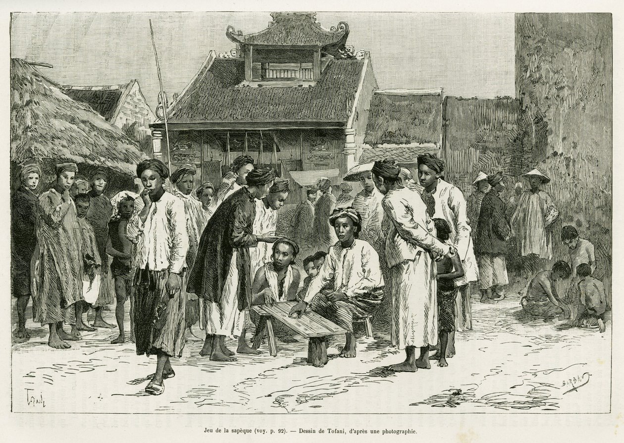 Jeu de la sapeque. Gravure par Tofani, pour illustrer l
