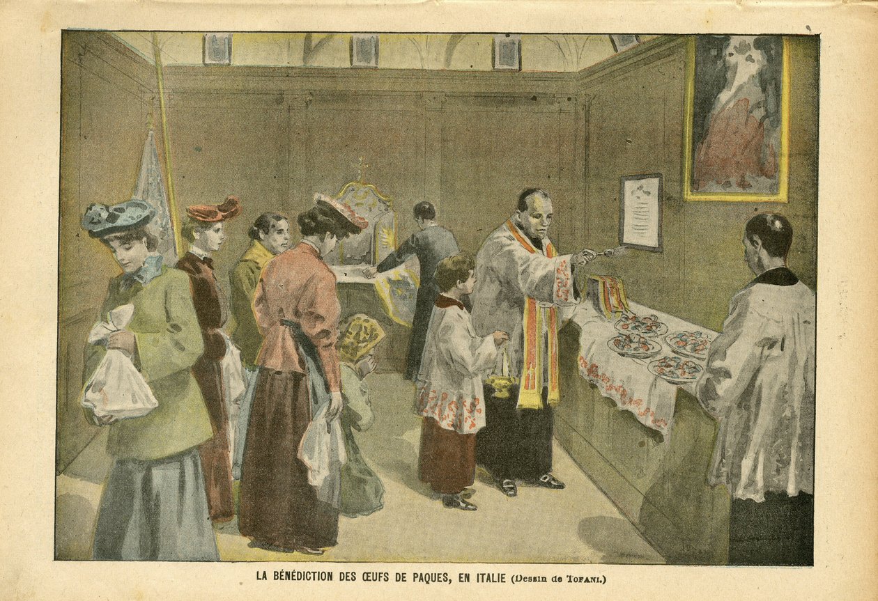 Illustration de Oswaldo Tofani (1849-1915) dans Le Pèlerin, 03/04/04 - La bénédiction des œufs de Pâques en Italie - Italie, Religion Foi, Pâques, Catholicisme - Œuf - Oswaldo Tofani