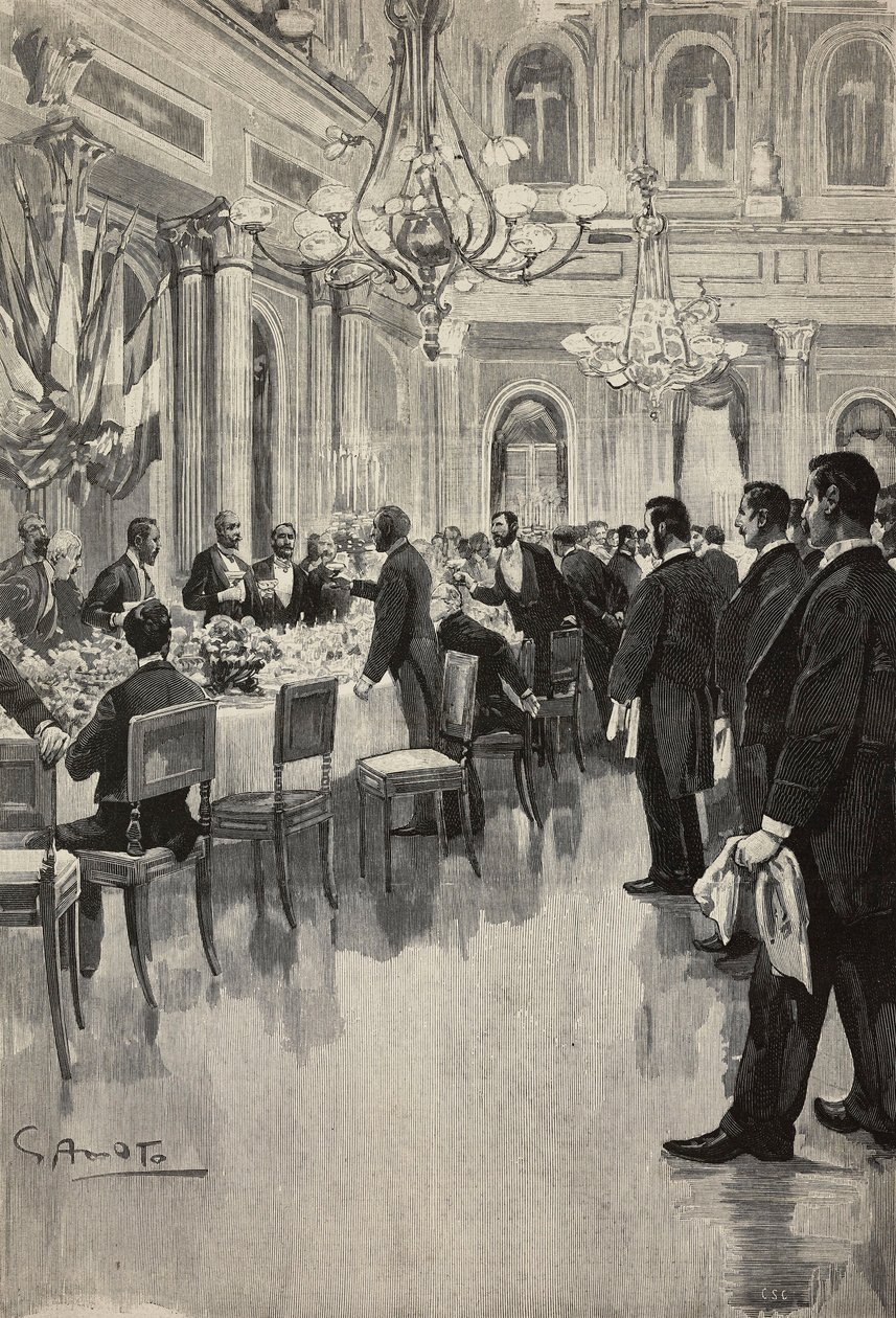Diplomates italiens trinquant ensemble, Paris, France, gravure d