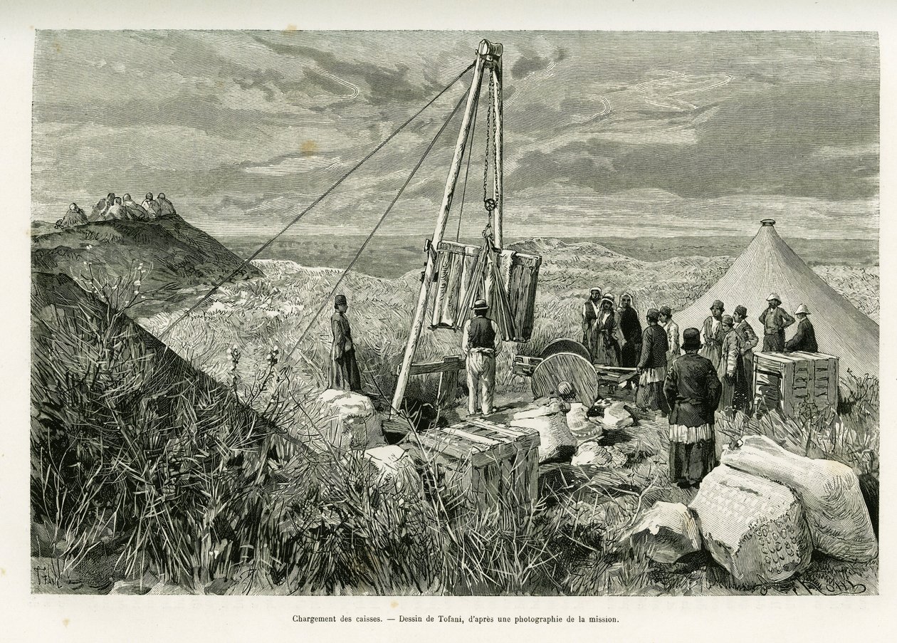 Chargement des caisses des fouilles archéologiques, Perse. Gravure de Tofani, pour illustrer le récit À Suse - Oswaldo Tofani