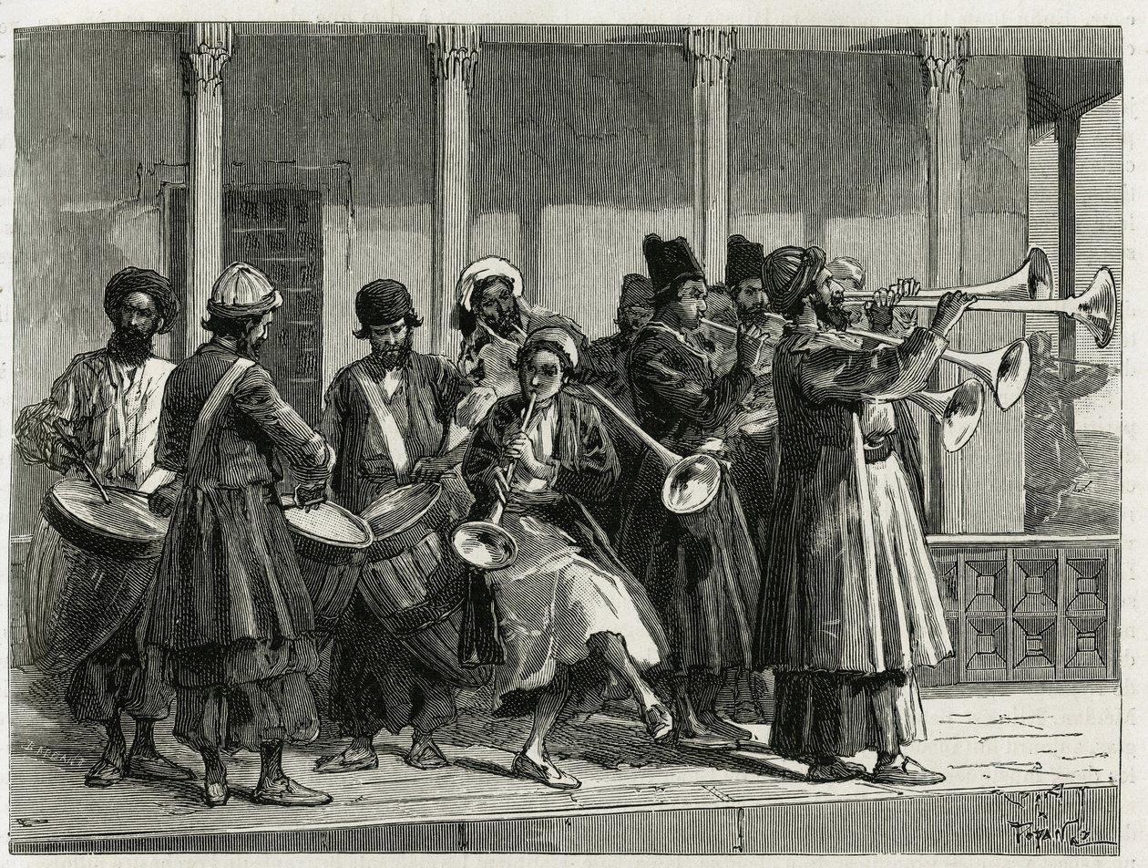 Musiciens saluant le lever du soleil à Ispahan. Gravure pour illustrer l