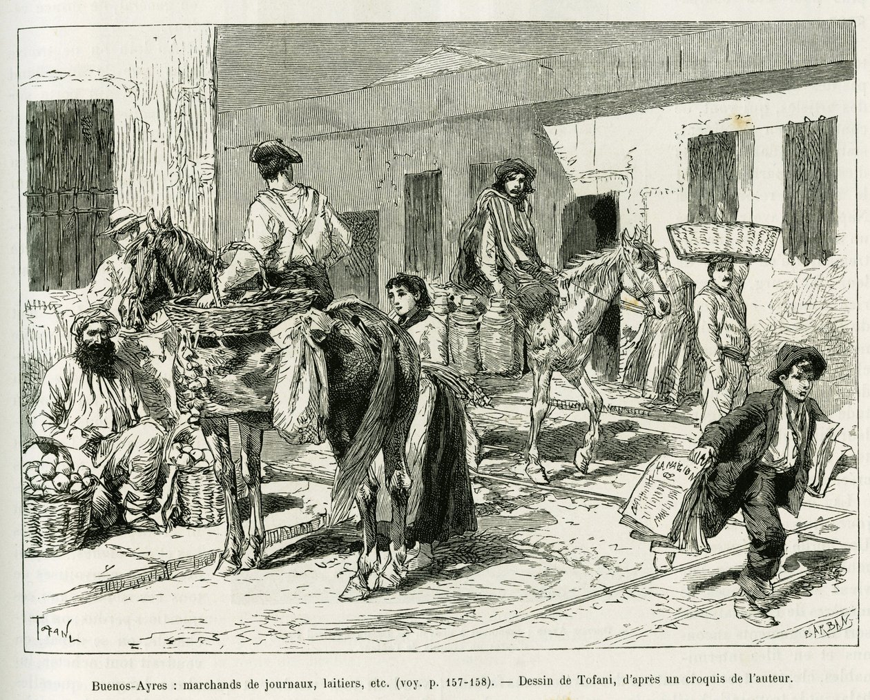 Petits commerces, marchands de journaux, laitiers, vendeurs de fruits, etc. dans les rues de Buenos Aires (Argentine). Gravure par Tofani pour illustrer l
