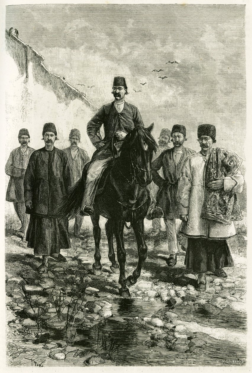 Le gouverneur de Kachan monte un cheval noir et sa suite est à pied. Gravure par Tofani, d