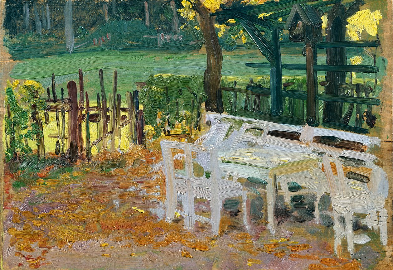 Coin de jardin devant une clôture en bois et une prairie - Otto Friedrich