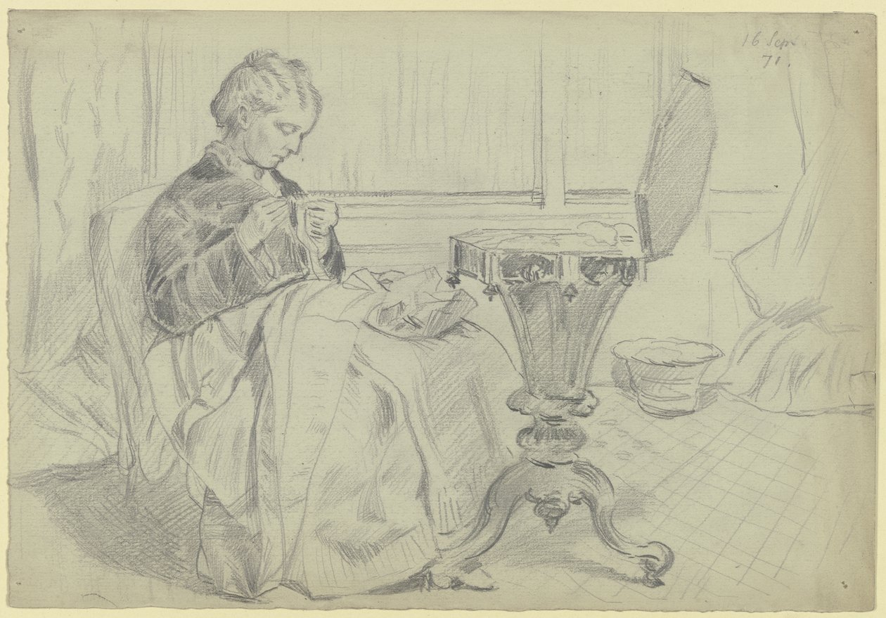 Luise Scholderer à sa table de couture, en train de faire de la couture à la main - Otto Scholderer