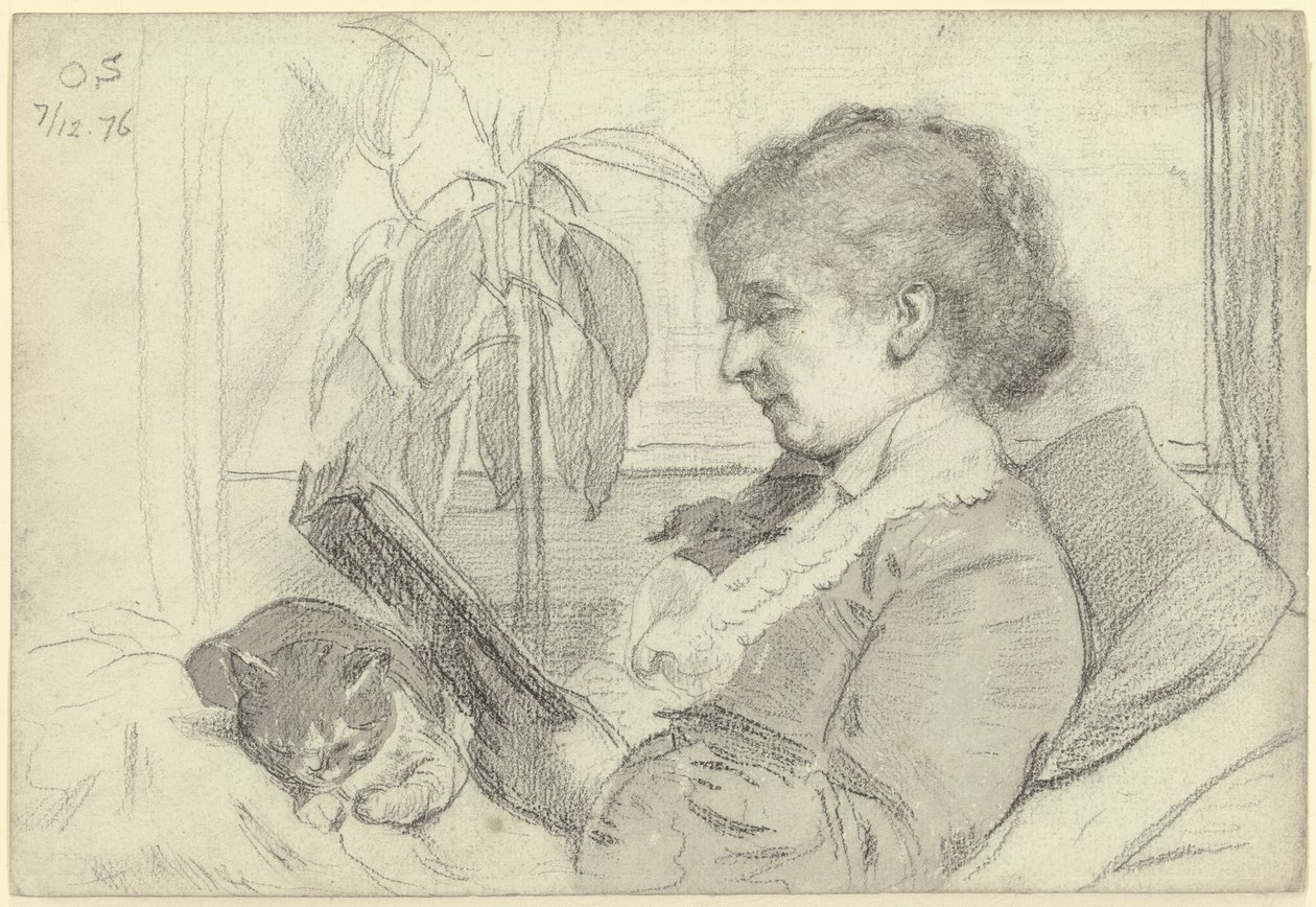Luise Scholderer en train de lire avec son chat - Otto Scholderer