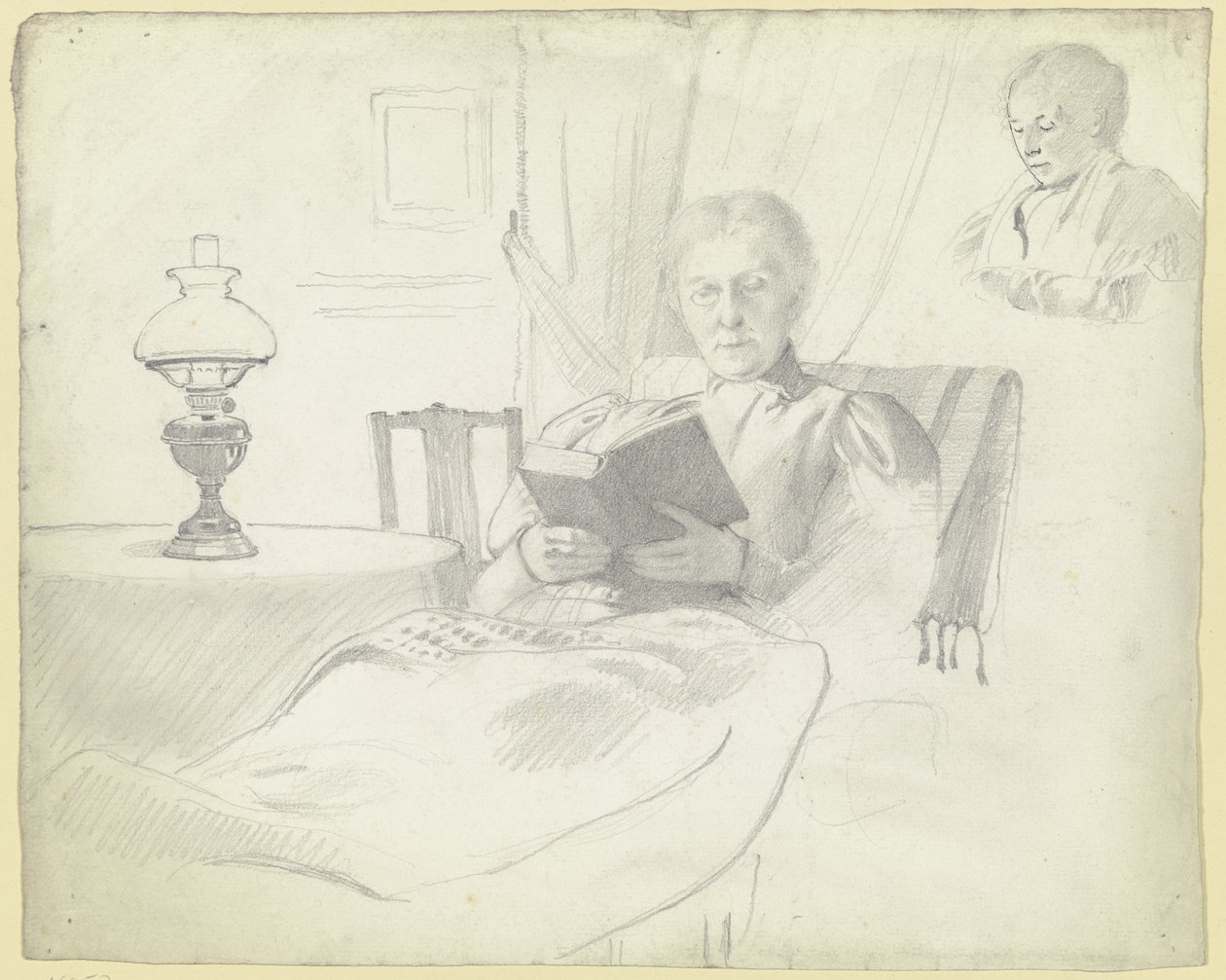 Luise Scholderer lisant avec une table et une lampe, buste d