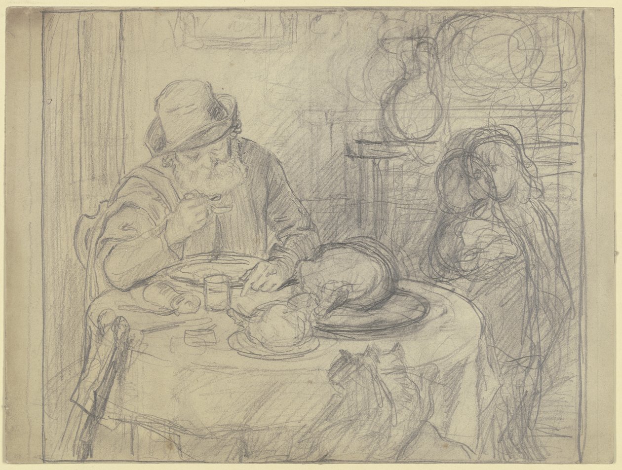 Homme à la table à manger avec enfant et chat - Otto Scholderer