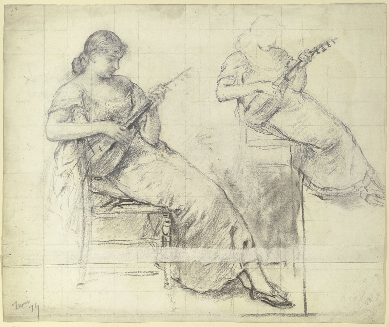 Jeune femme assise, jouant de la mandoline - Otto Scholderer