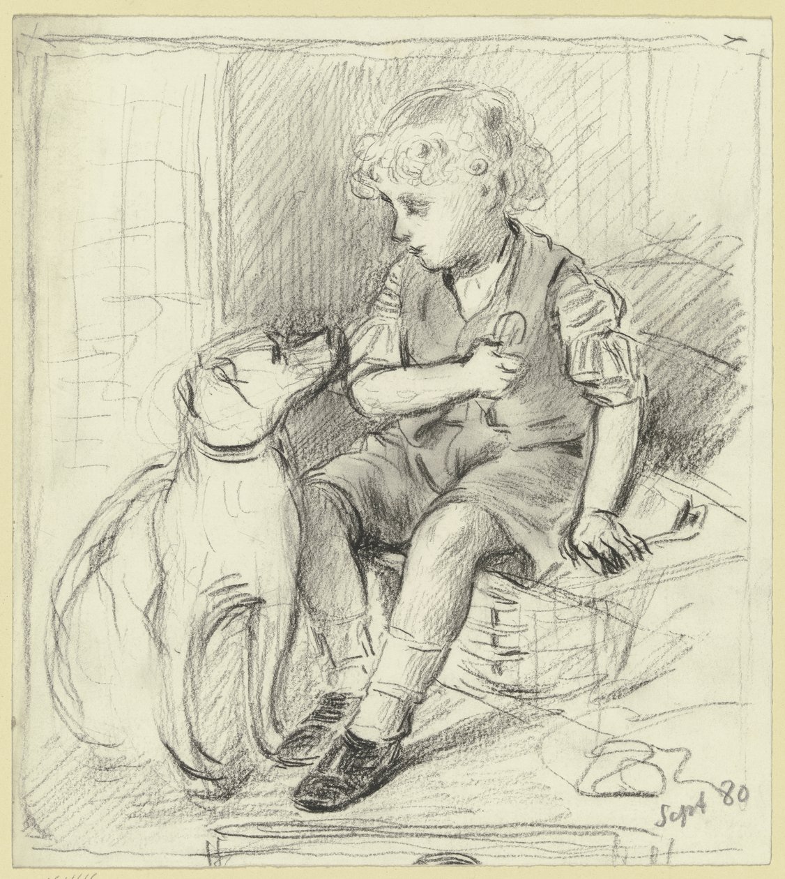 Garçon assis avec chien assis - Otto Scholderer