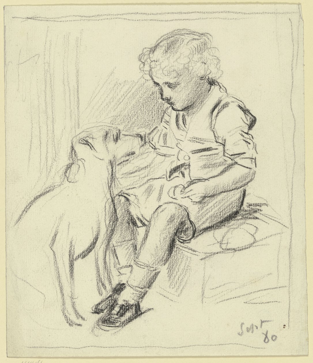 Garçon assis avec chien assis - Otto Scholderer