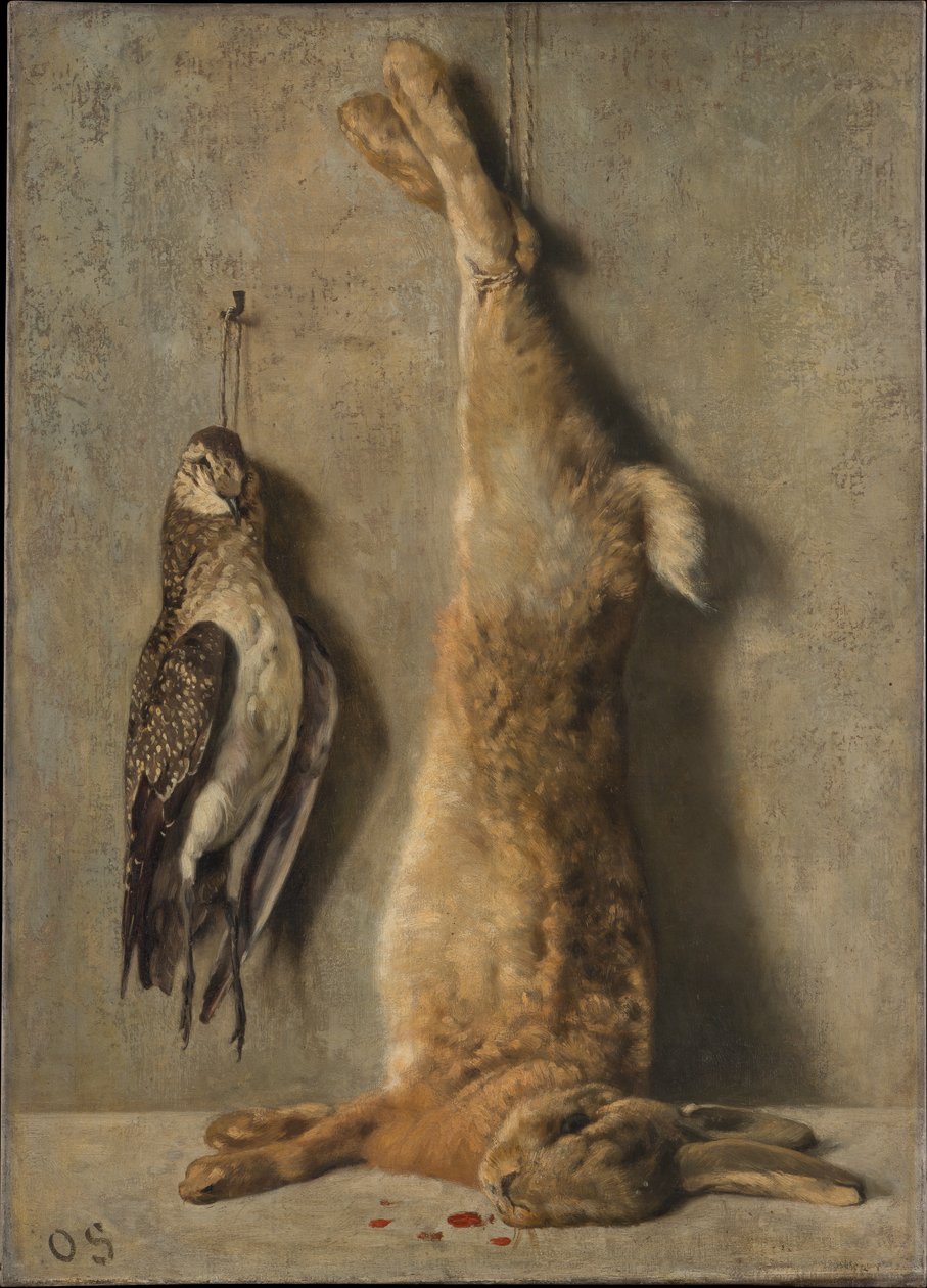 Nature morte avec un lièvre mort et une pintade devant un mur gris - Otto Scholderer