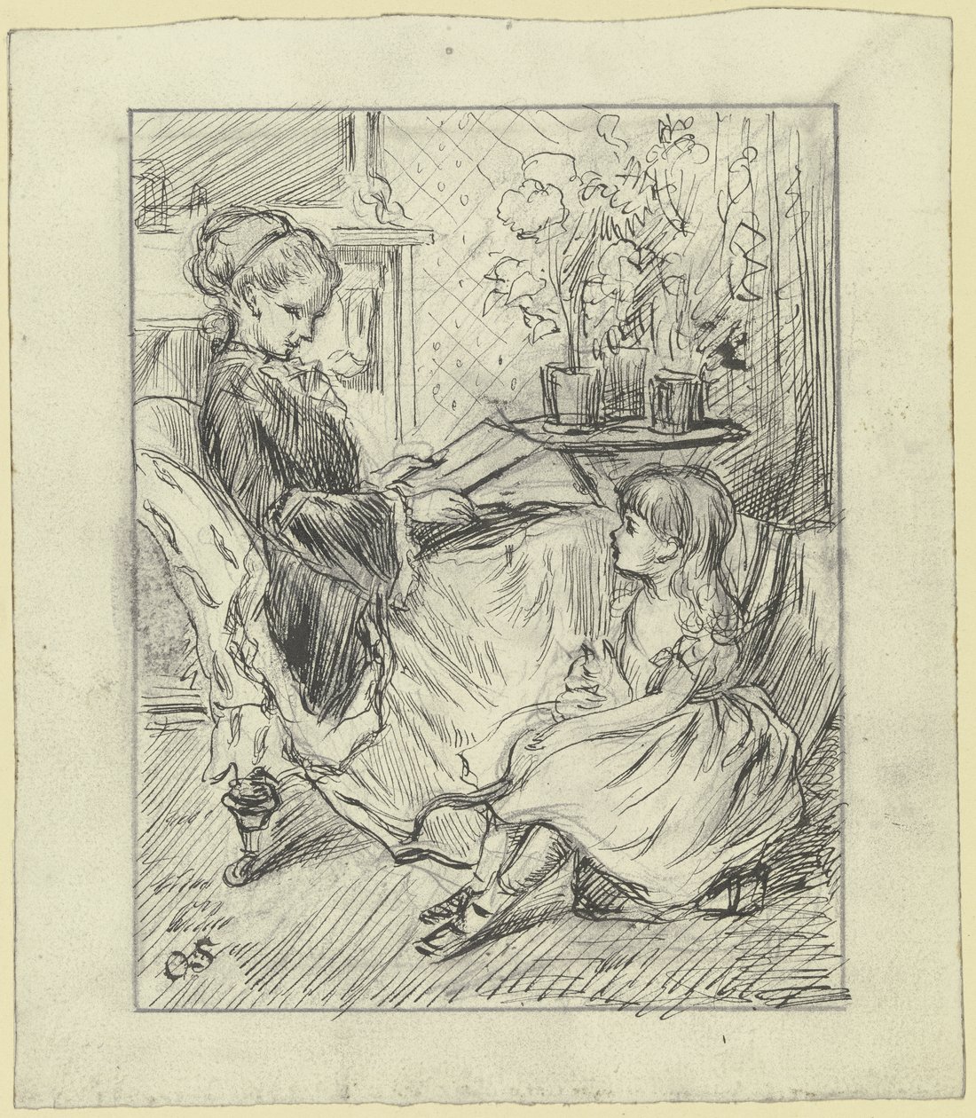 Femme avec enfant lisant à voix haute - Otto Scholderer