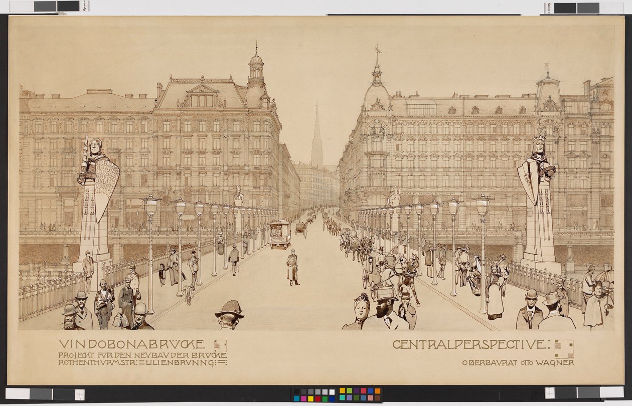 Pont Vindobona / Projet pour la reconstruction du pont Rothenthurmstraße - Lilienbrunngasse. Perspective centrale - Otto Wagner