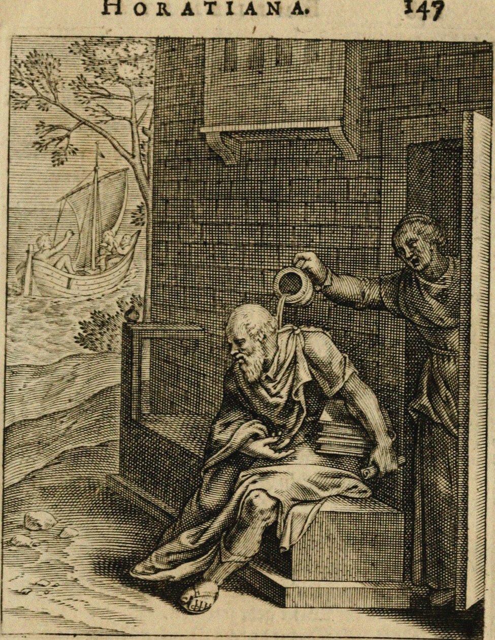 Xanthippe vidant un pot de chambre sur Socrate. De Emblemata Horatiana, 1607 - Otto van Veen