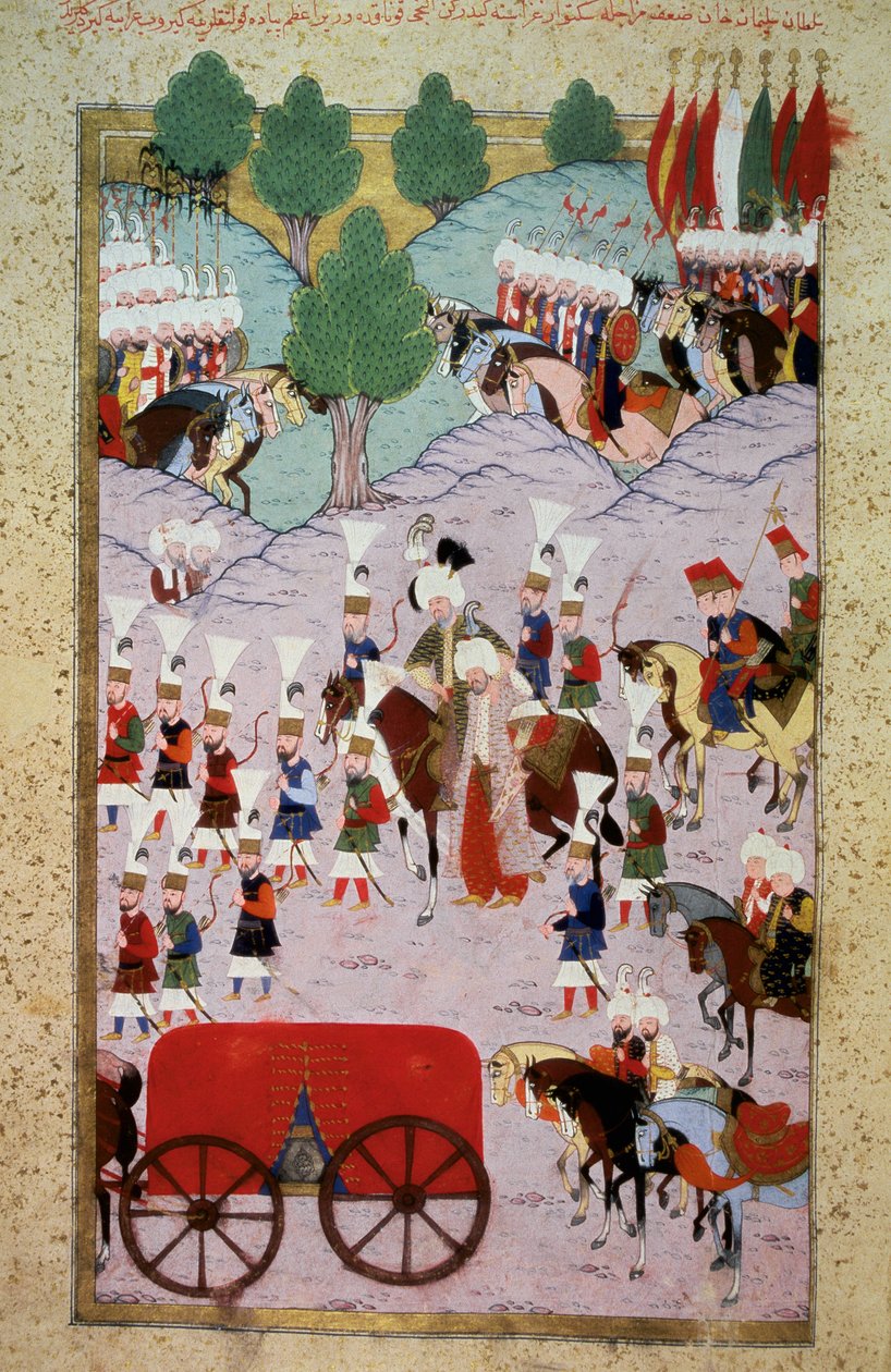 Représentation du Sultan Soliman I dit le Magnifique (1520-1566) et son armée. Miniature du « Hunername » par Lokman, vol. 1 (H 1523, f.7) 1584. Bibliothèque du Musée de Topkapi Sarayi, Istanbul - Ottoman School
