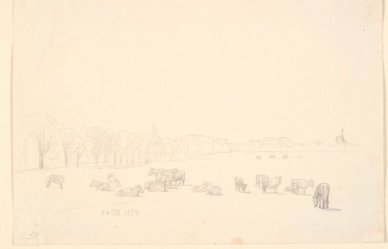 Vaches dans le champ, en arrière-plan le moulin de Tagens - P.C. Skovgaard