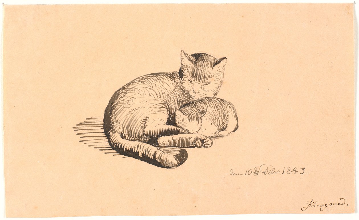 Chat couché avec son chaton - P.C. Skovgaard