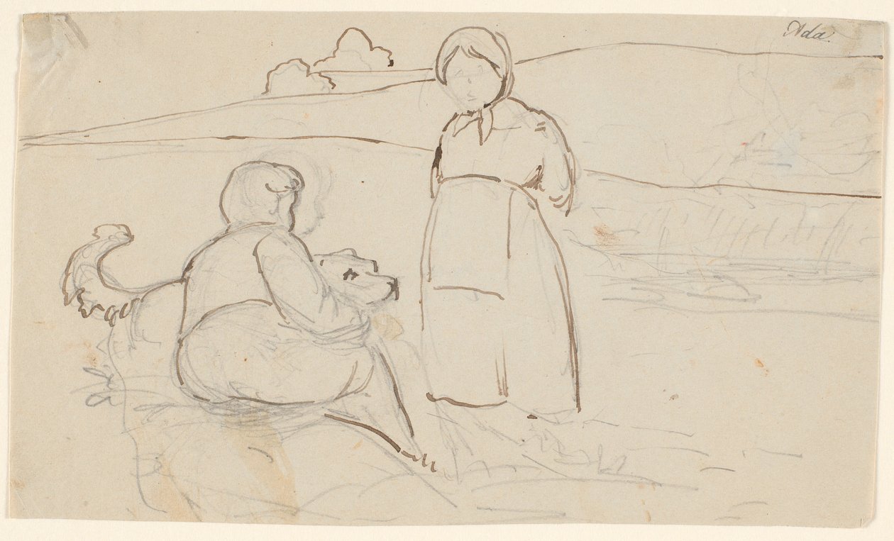 Garçon assis avec un chien et une fille debout dans un paysage - P.C. Skovgaard
