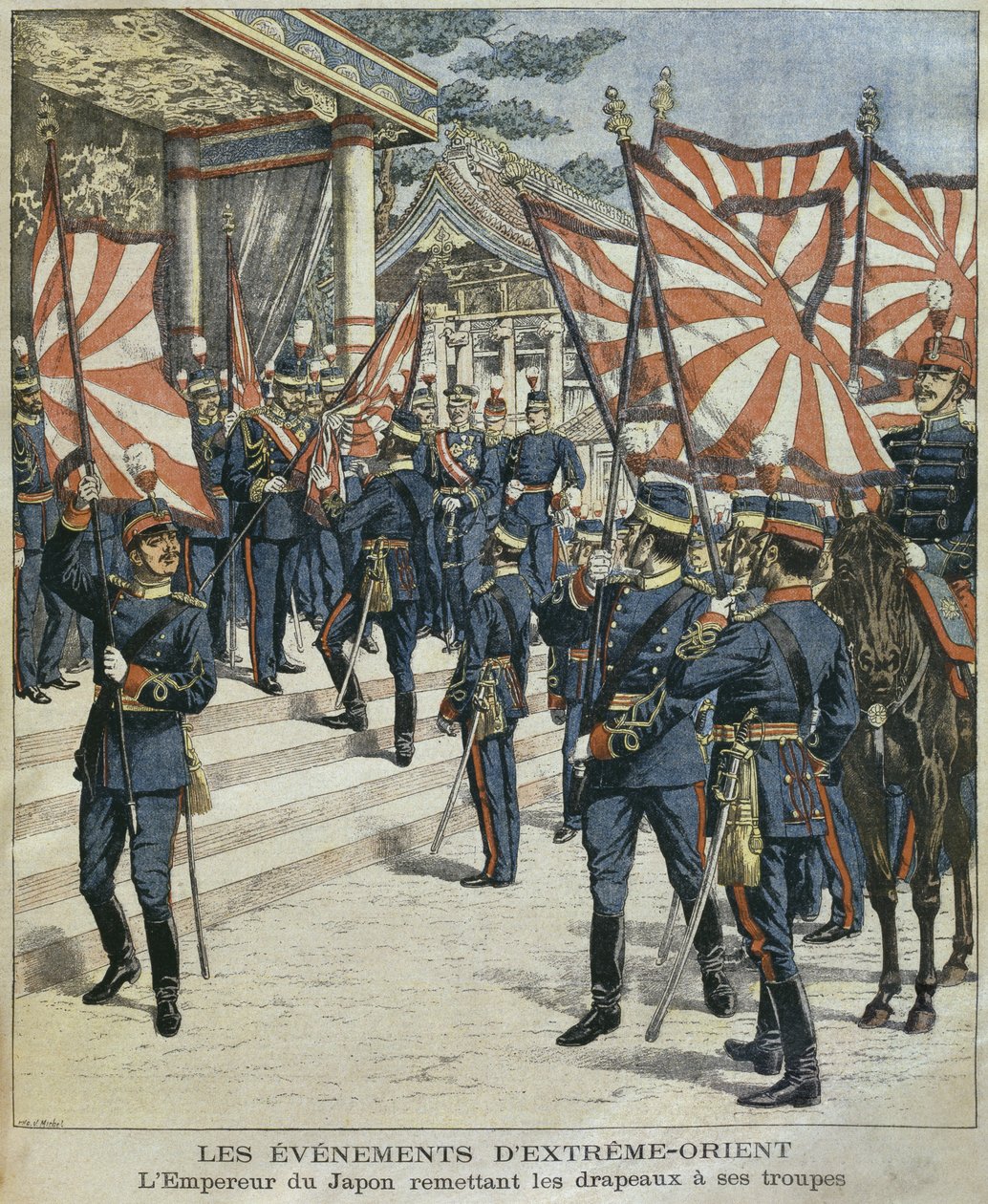 Sa Majesté Impériale Mutsuhito, Empereur du Japon, donnant les drapeaux à ses troupes, illustration de 