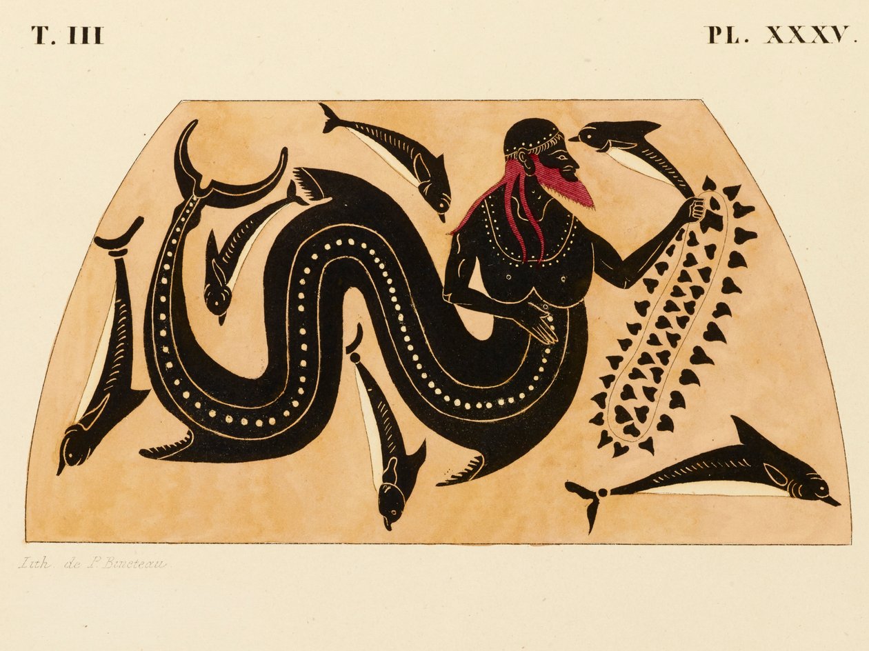 Impression de la décoration sur une amphore grecque, montrant Poséidon accompagné de dauphins, vers 1858 - P. Bineteau