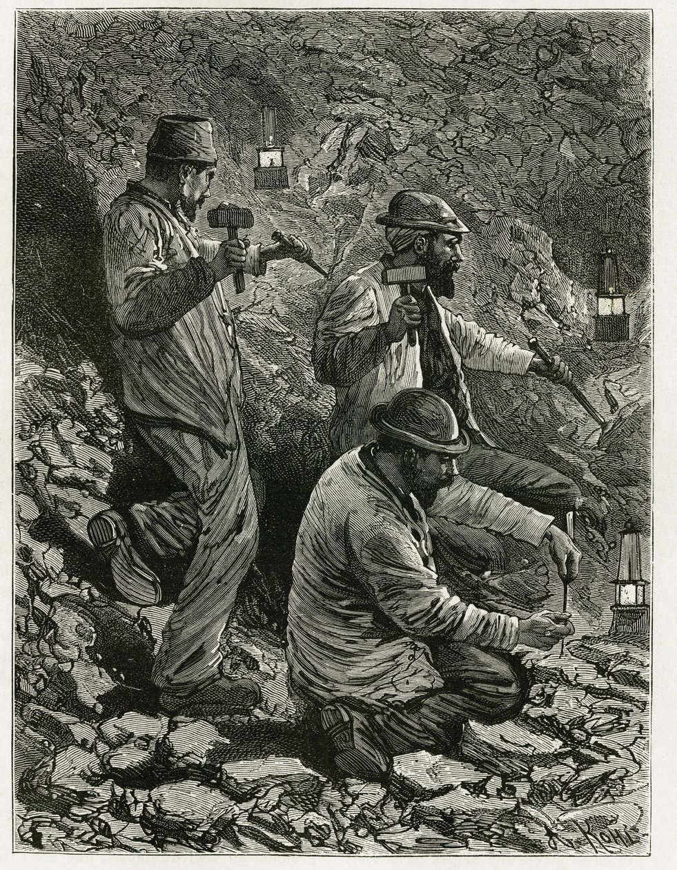 Mineurs extrayant du charbon dans la veine. Gravure par Ferat, pour illustrer le récit « Belgique », par Camille Lemonnier. Publié dans Le Tour du monde, nouveau journal des voyages, 2e semestre 1884, édité par Édouard Charton - P. Ferat