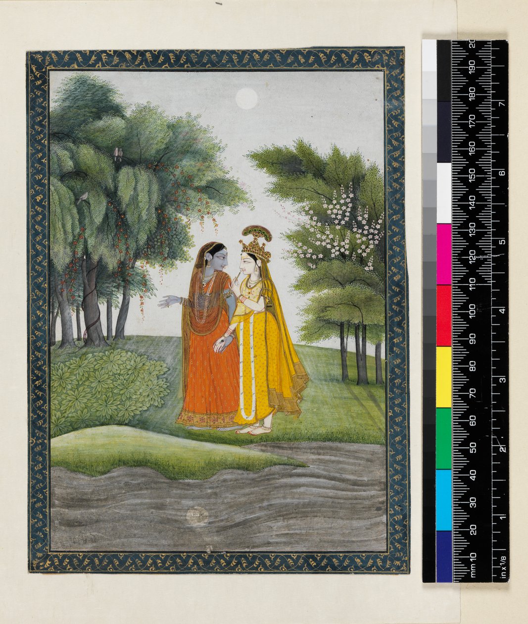 Krishna et Radha marchant près de la Jumna au clair de lune après avoir échangé leurs vêtements, tiré du 