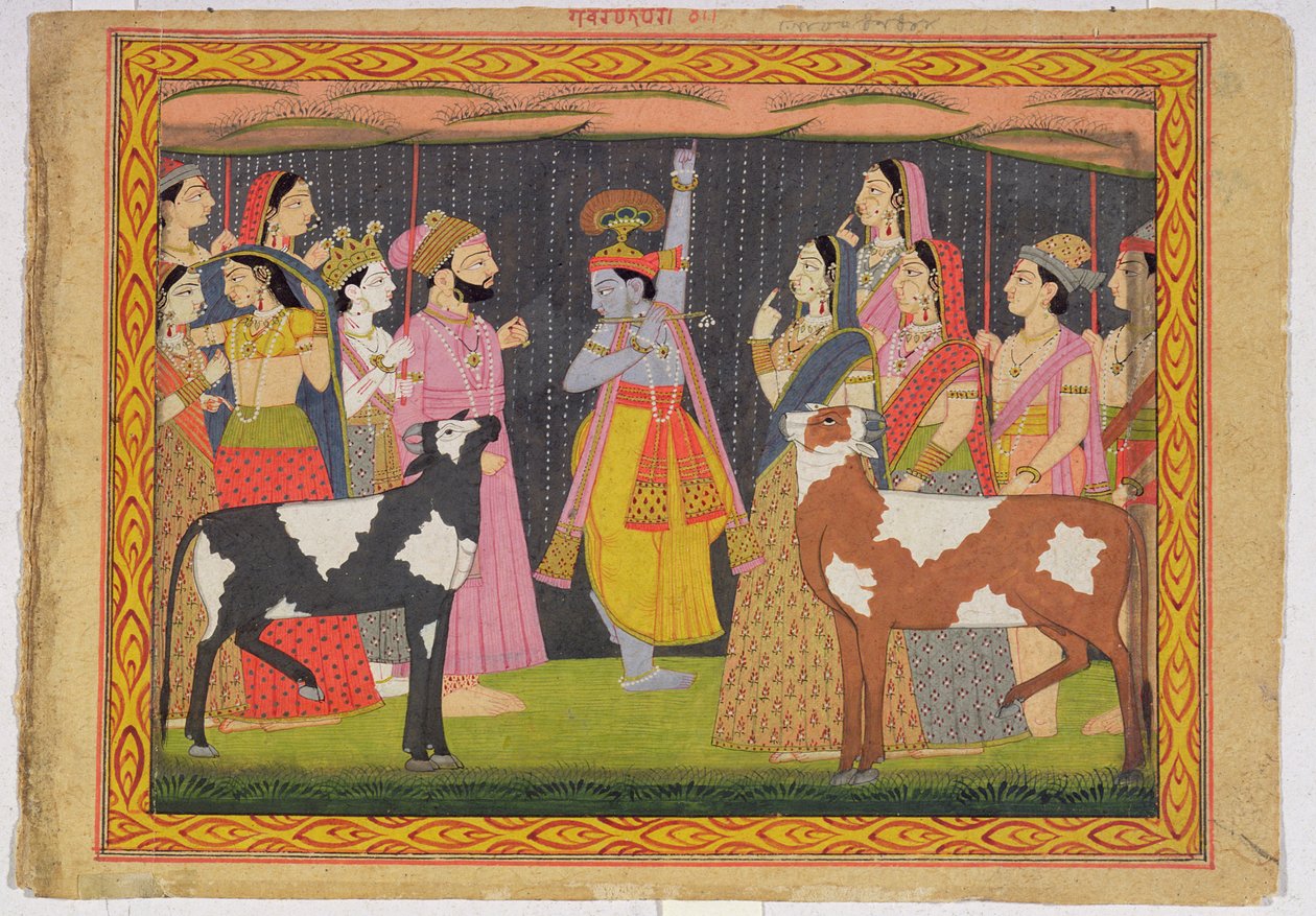 Krishna soulevant le mont Govardhana, du Bhagavata Purana, Kulu, Himachal Pradesh, 1749 - Pahari School