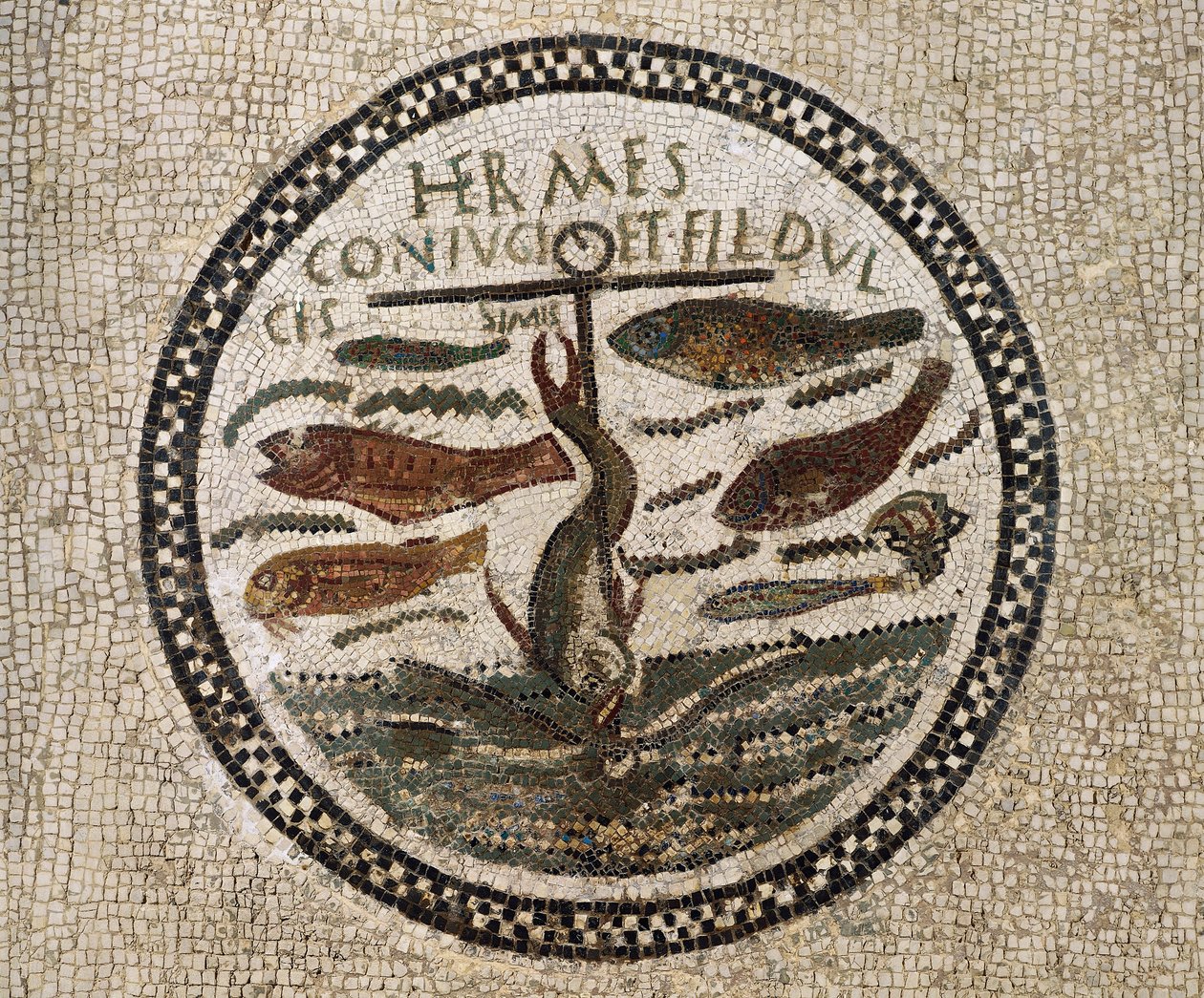 Mosaïque avec ancre entourée de poissons, symbole du Christ et de ses disciples, Catacombes de Sousse, Tunisie, période paléochrétienne, IVe siècle - Paleo Christian