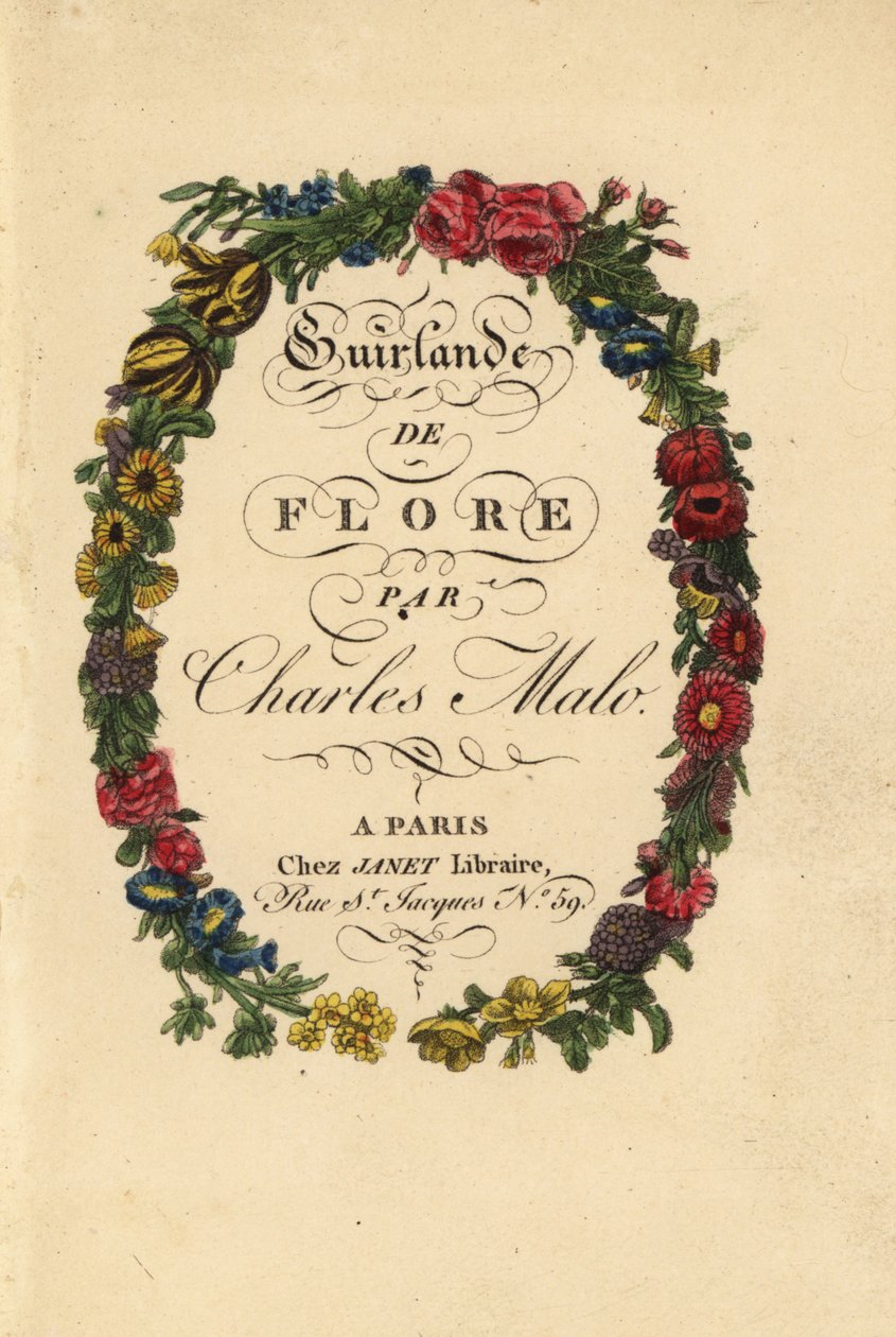 Page de titre calligraphique dans une couronne florale de roses, tulipes et autres fleurs - Pancrace (after) Bessa