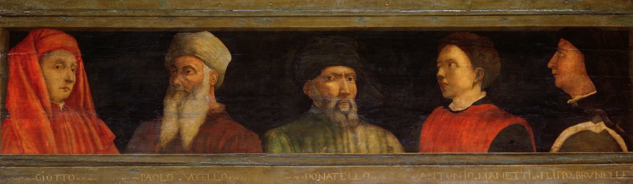 Portraits de Giotto (c.1266-1337) Uccello, Donatello (c.1386-1466) Manetti (c.1405-60) et Brunelleschi (1377-1446) - Paolo Uccello