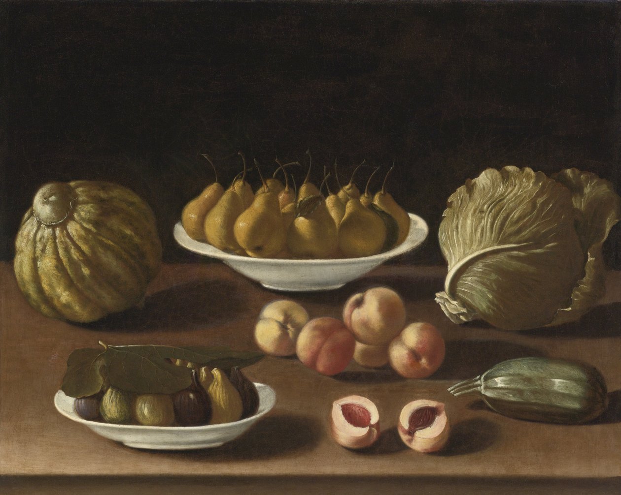 Nature morte avec poires, pêches, figues, un melon, chou et courge - Paolo Antonio Barbieri