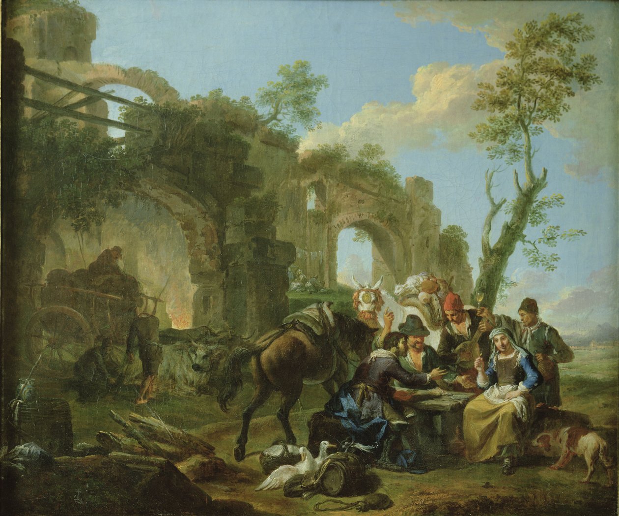 Cavaliers se reposant parmi des ruines classiques avec une diseuse de bonne aventure - Paolo Monaldi