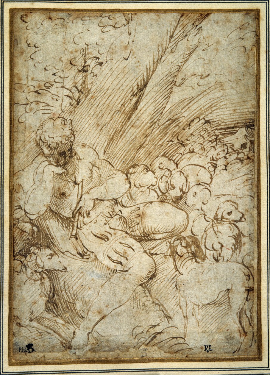Berger tenant une pipe, se reposant sous un arbre avec son chien parmi leur troupeau - Parmigianino