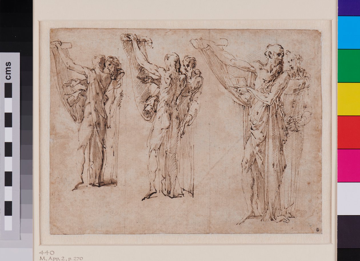 Trois études de saint Jérôme et saint François en conversation, recto v. 1534 - 1539 (plume et encre brune avec lavis gris sur papier vergé) - Parmigianino (1503-40)