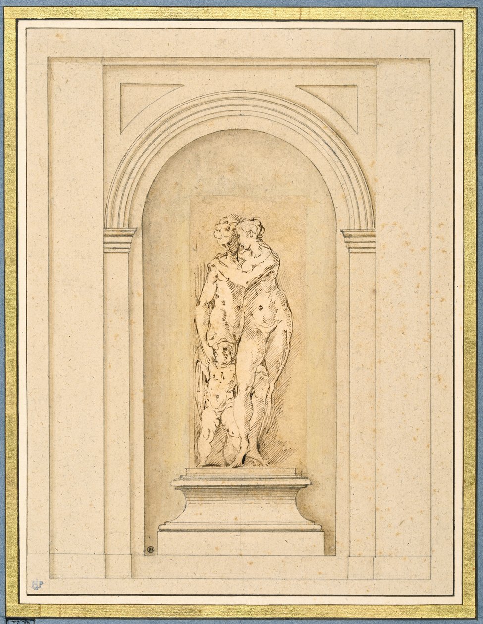 Deux figures et un cupidon entourés d