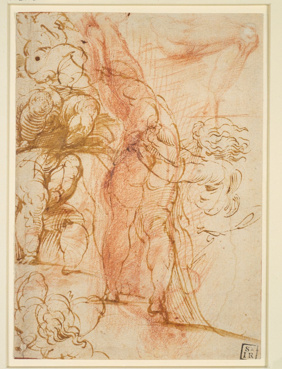 Mehrere Beinstudien von Putten, einwärts laufender Männerakt, Beinstudie und stehende Figur - Parmigianino