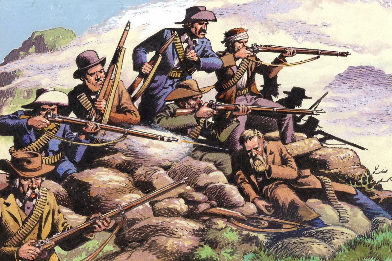 1880, Boers du Transvaal combattant à Majuba Hill pendant la première guerre des Boers (gouache sur papier) - Pat (1907 95) Nicolle