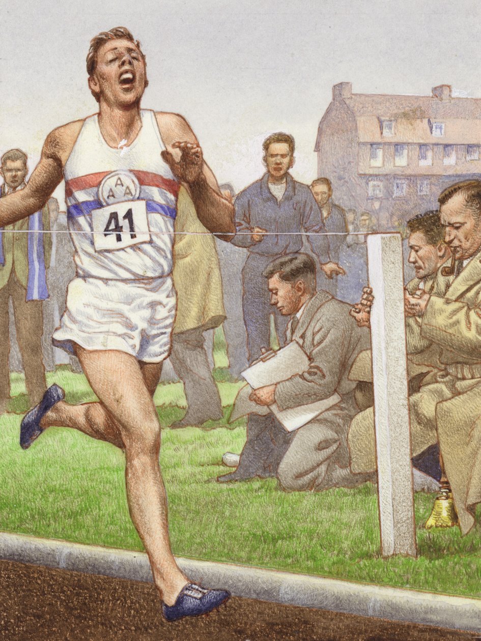 Roger Bannister courant le premier mile de quatre minutes (gouache sur papier) - Pat (1907 95) Nicolle