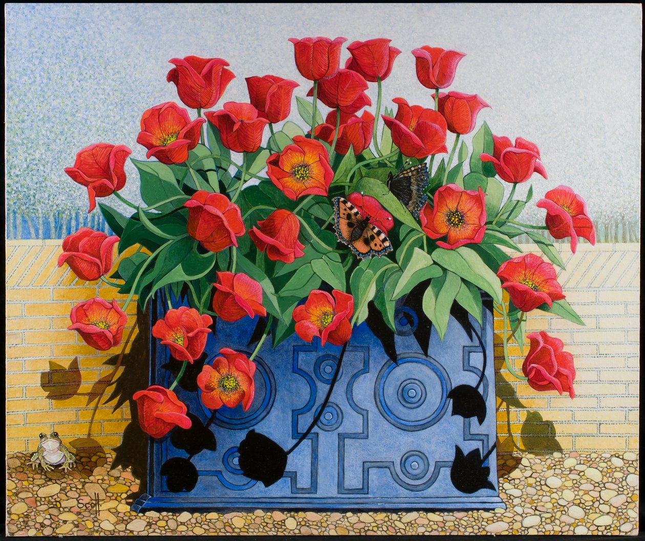 Getting There, 2011 (acrylique sur calicot) fleurs ; tulipes ; nature morte ; jardinière ; crapaud ; grenouille ; papillons ; - Pat Scott