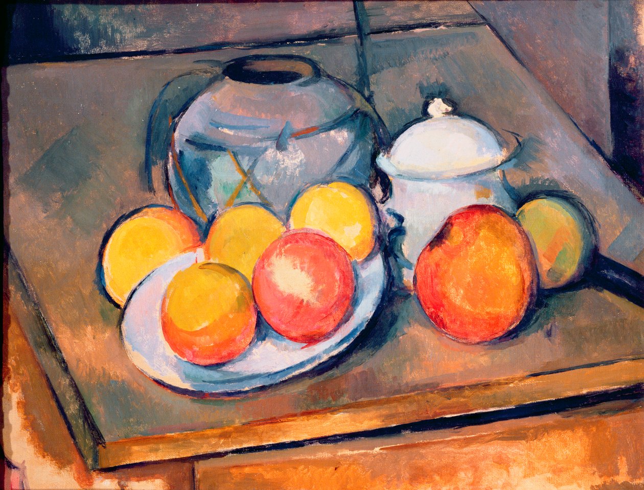 Vase couvert de paille, sucrier et pommes, 1890-93 - Paul Cézanne