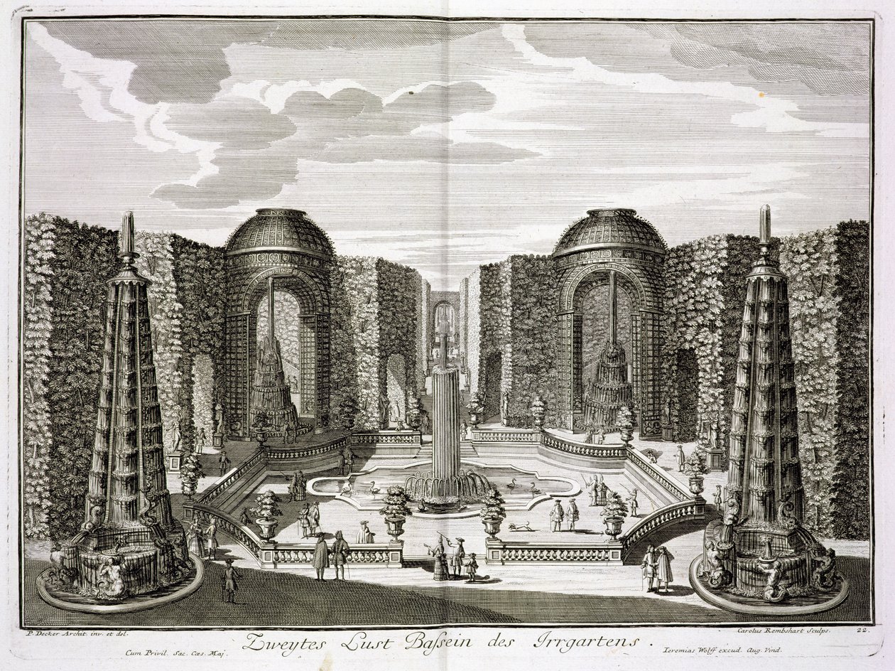 La fontaine dans le labyrinthe du Palais et des Jardins de Plaisir Princier, Berlin, gravé par Karl Remshard, publié vers 1711-16 - Paul Decker