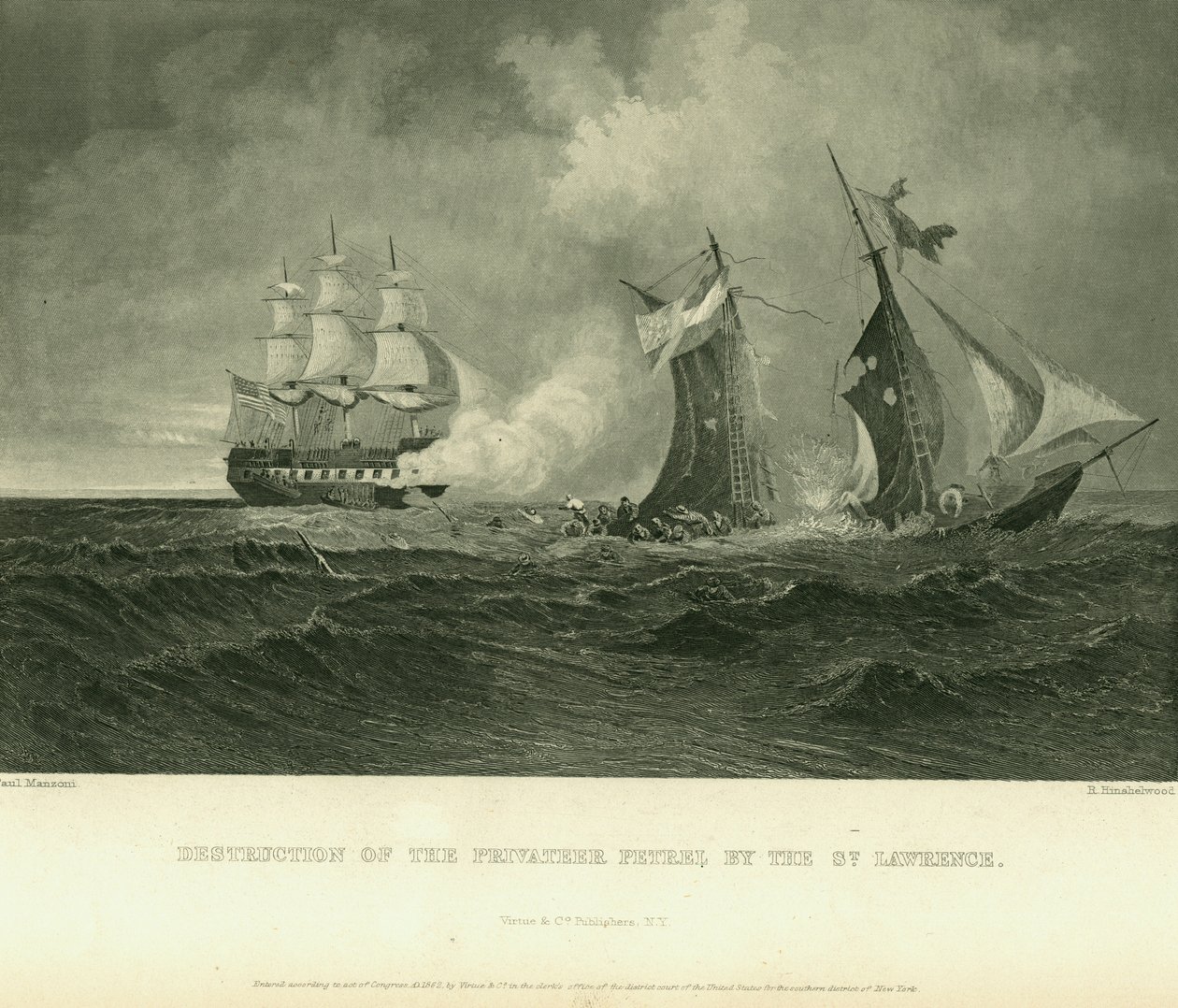 Gravure de navire coulant avec plusieurs marins dans l