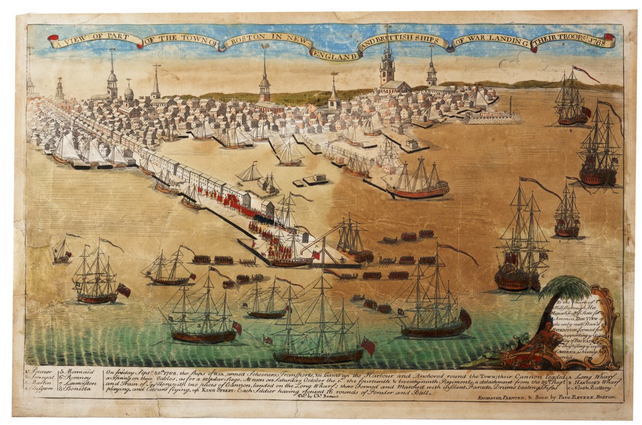 Vue de la ville de Boston en Nouvelle-Angleterre et des navires de guerre britanniques débarquant leurs troupes, 1768, 1770 - Paul Revere