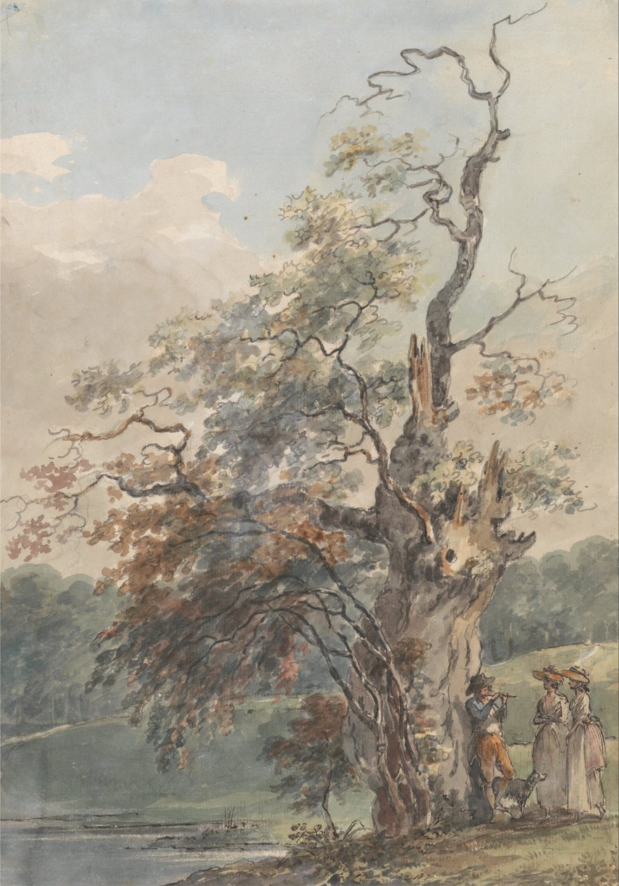 Paysage avec un homme jouant de la flûte sous un vieil arbre - Paul Sandby