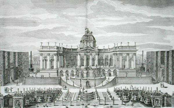 La Grande Grotte et le Jardin de la Fontaine au Palais et Jardins de Plaisir Princier, Berlin, gravé par Johann August Corvinus, publié vers 1711-16 - Paul Decker