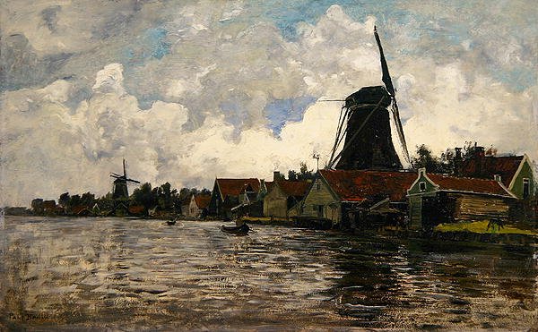 Paysage fluvial avec deux moulins à vent, Hollande - Paul Baum