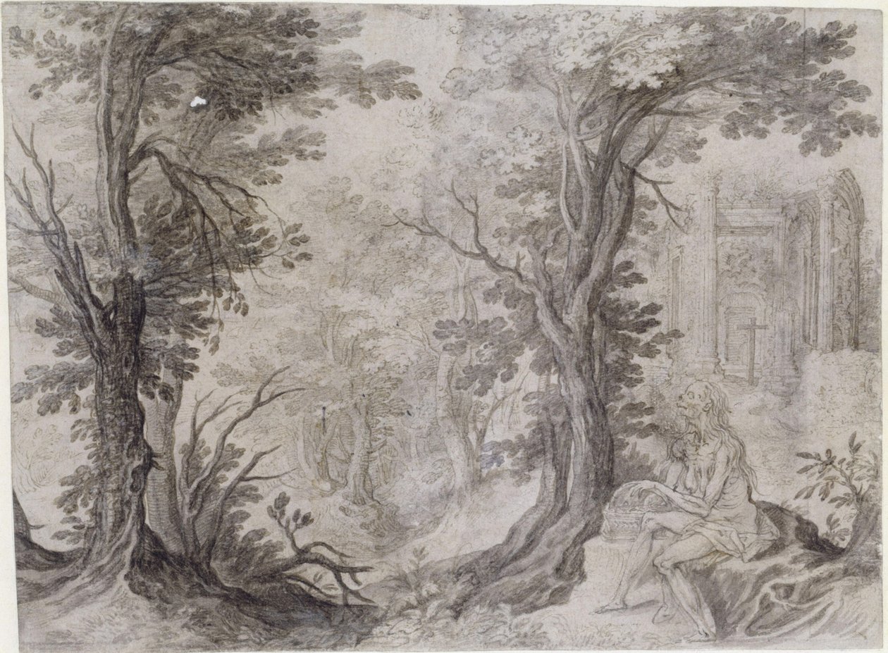 Sainte Marie-Madeleine dans la solitude. La pénitente émaciée est assise sur une élévation et tient un panier à ses côtés. Au-dessus d
