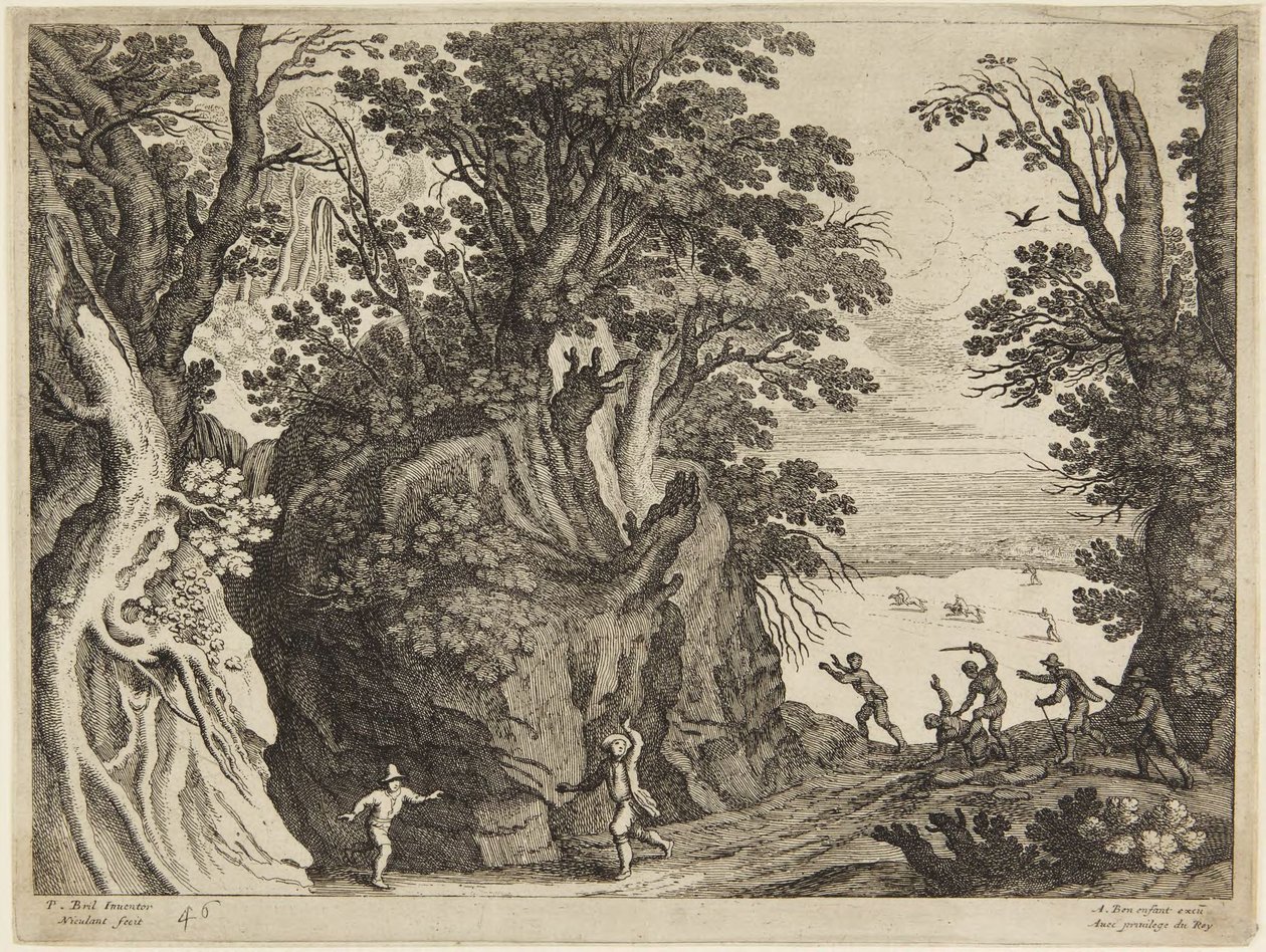Combat entre hommes dans un paysage rocheux - Paul Bril