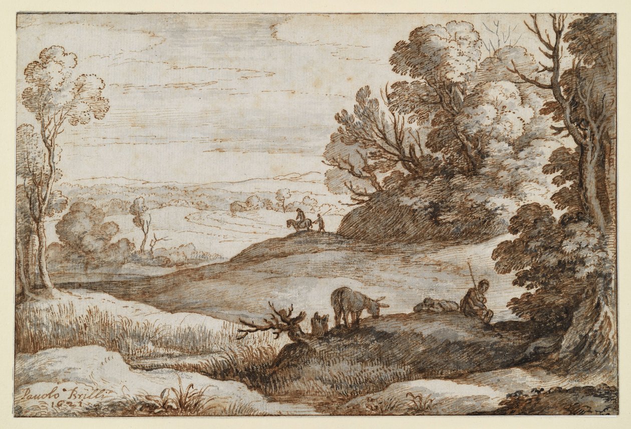 Paysage vallonné avec des arbres et une vue panoramique ; au premier plan, deux hommes et un âne - Paul Bril